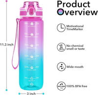 32oz Motivational Water Bottles with Time Marker & Fruit Strainer, Transparent Gradient Color Water Bottle with Times to Drink, Leakproof & BPA Free, Reusable Bottle with Strap (No Straw)