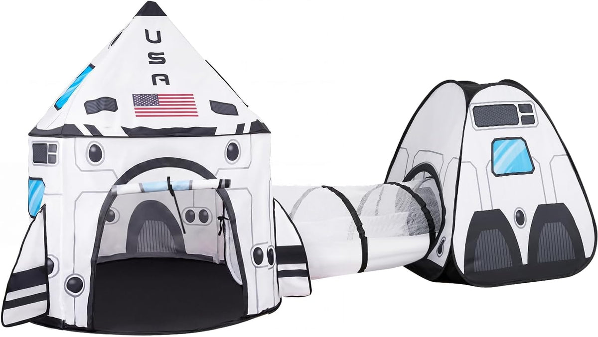 JOYIN White Rocket Ship Pop up Play Tent with Tunnel and Playhouse