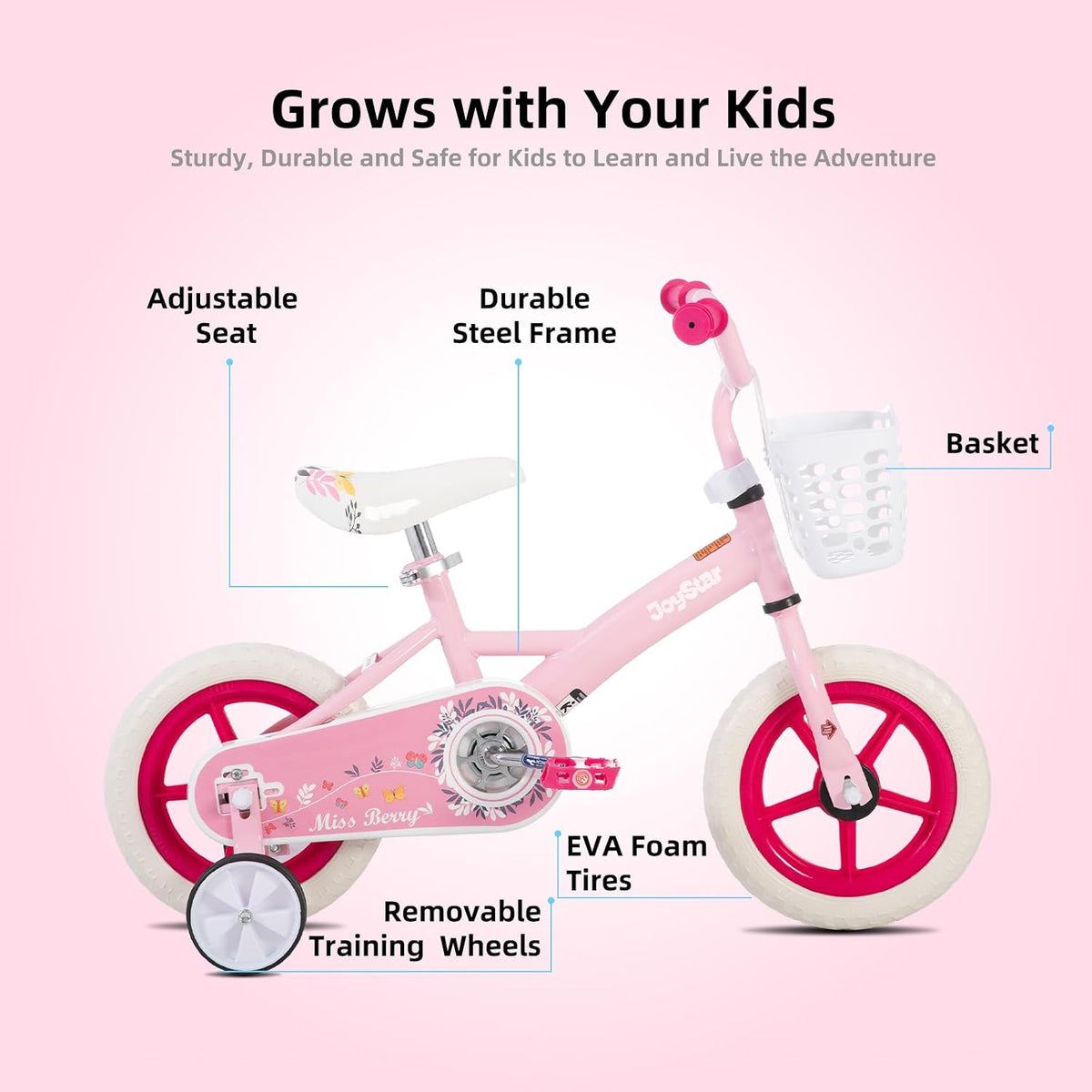 JOYSTAR 10" 12" 14" 16" Kids Bike for Boys and Girls Ages 1-7Y – Fun for Kids & Family - Pink / 12 Inch with Training Wheels - image 2