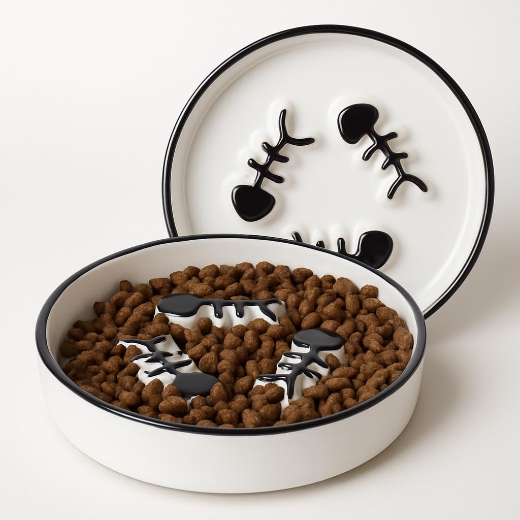 Ceramic Elevated Slow Feeder Cat Bowl, Anti Vomit - 2PCS Black Plates