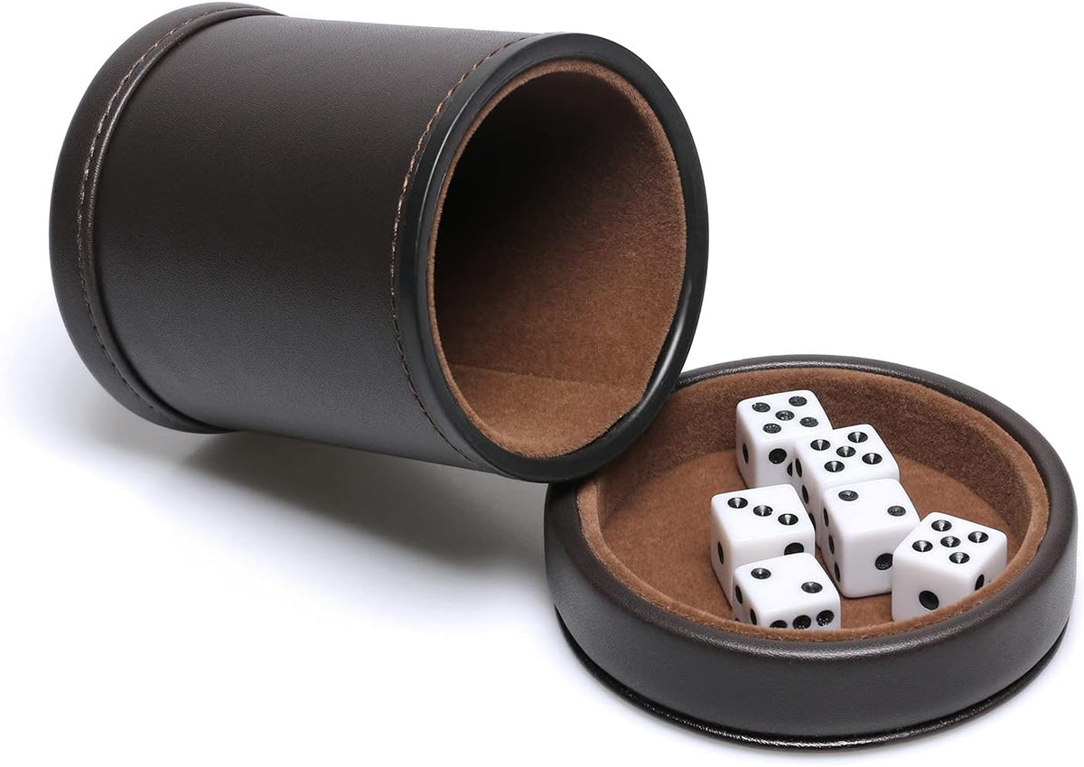 Leatherette Dice Cup with Lid Includes 6 Dices - Chocolate