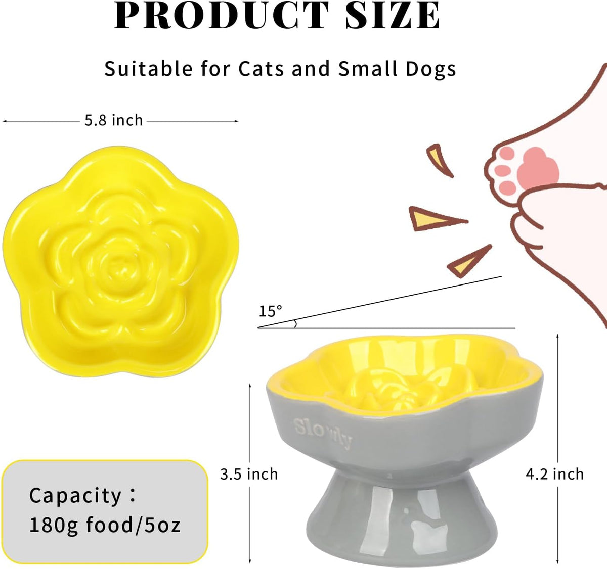 S&Q's CERAMICS Raised Slow Feeder Cat Bowl - 5.8" / Yellow - image 2