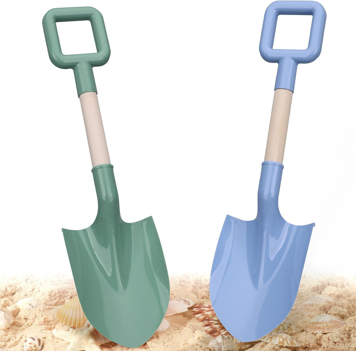 Dilabnba two 16 inch beach sand shovels with wooden handles and blue and green blades - view 3