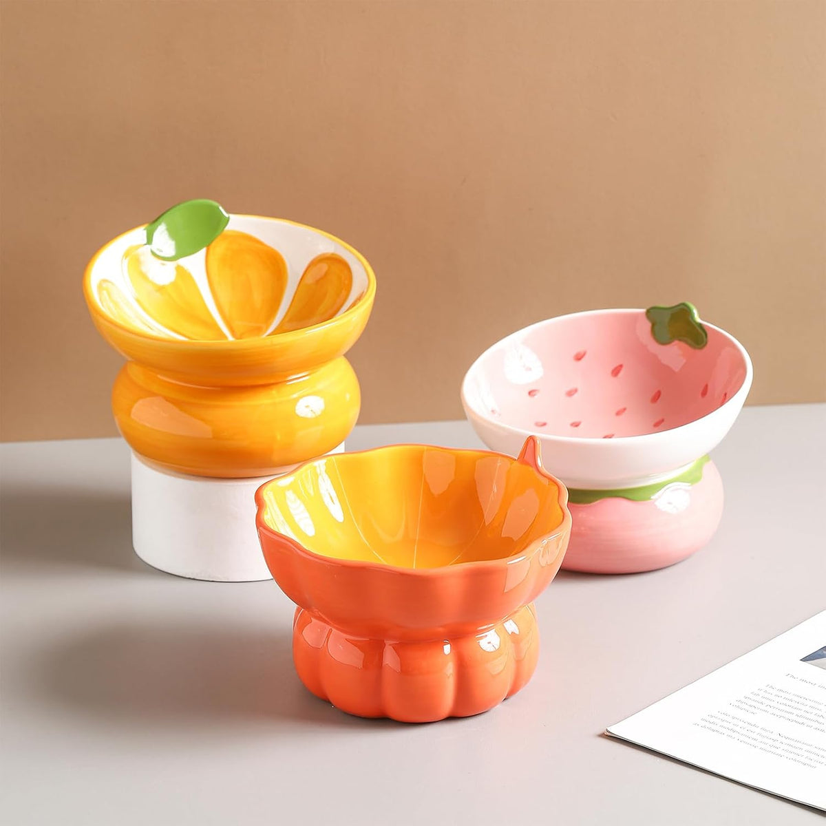 Ceramic Raised Cat Bowl, Strawberry Shaped - Pink - image 4