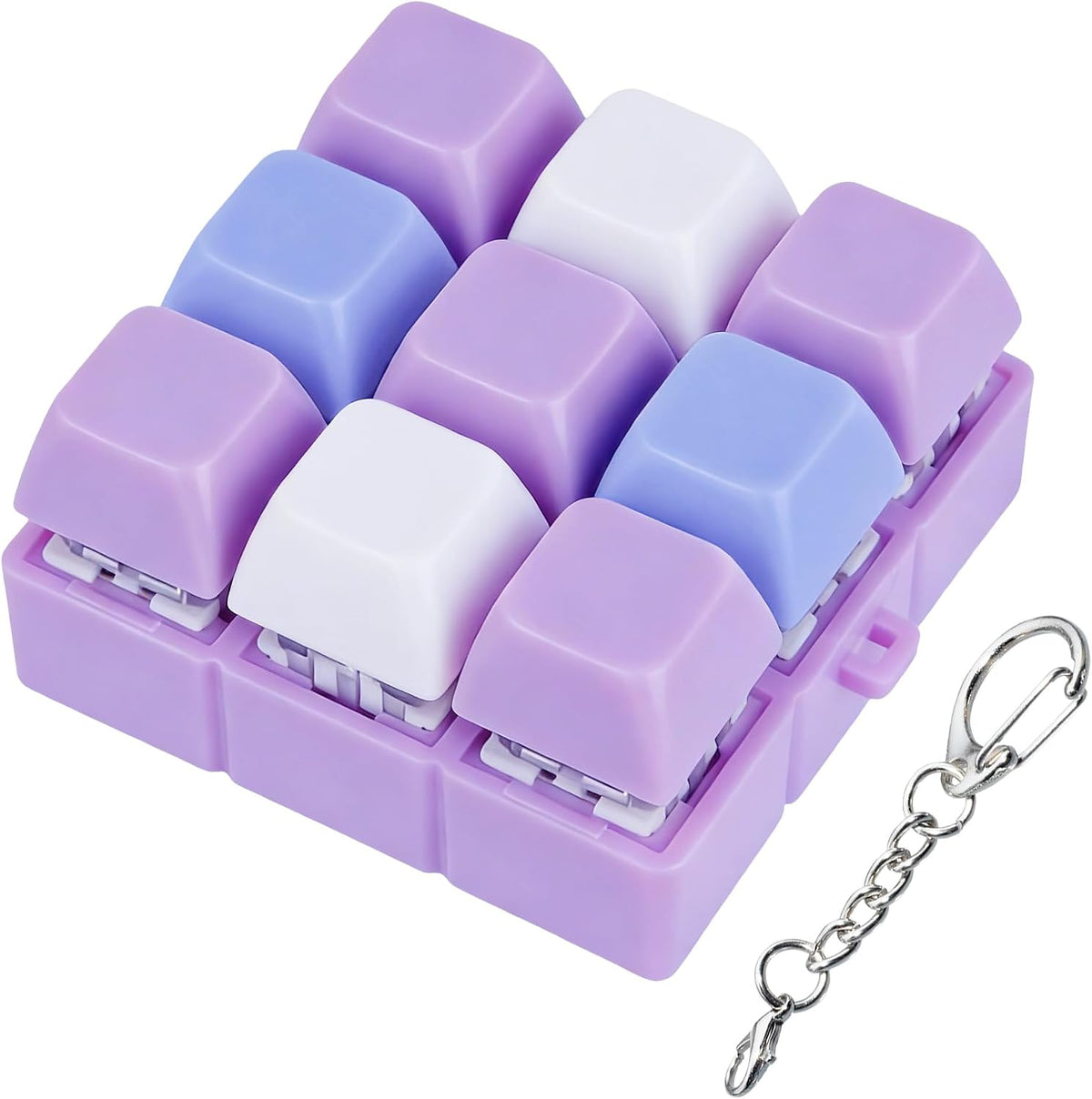 XiawaLangzhuo cat paw keyboard fidget toy, 9-in-1 clicker keychain in white and purple