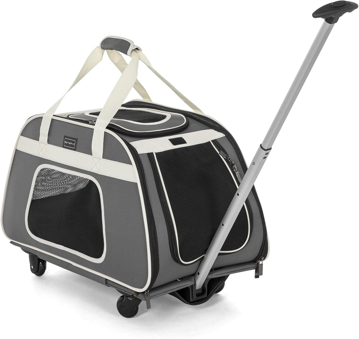 Petsfit Cat Carrier with Wheels, Removable Spinner Wheels - 23"L x 13"W x 14"H / Gray & White