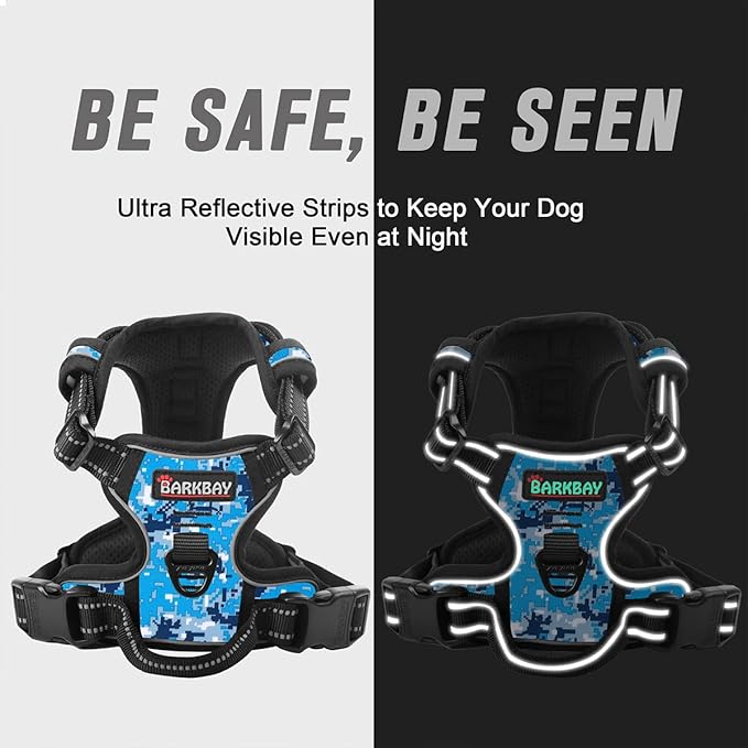 BARKBAY No Pull Dog Harness Front Clip Heavy Duty Reflective Easy Control Handle for Large Dog Walking(Blue camo,L)