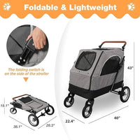 4 Wheel Pet Stroller with Storage Basket - Foldable & Breathable with Mesh Skylight, Large Dog Stroller with Adjustable Handle - Ideal for Travel and Walking with Medium to Large Dogs, Up to 120 lbs