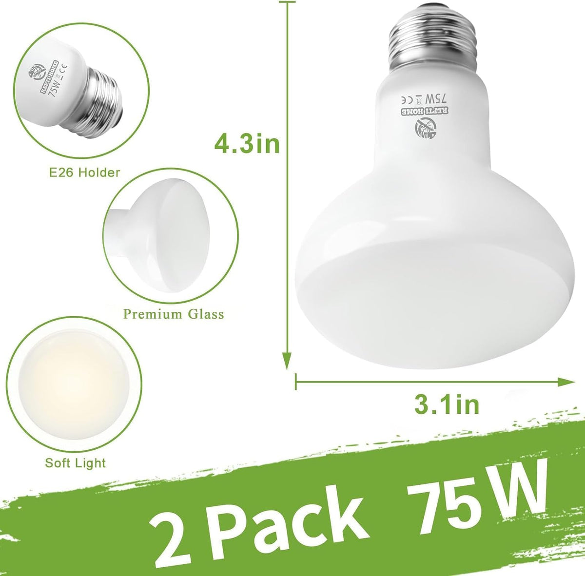 Reptile Heat Lamp Bulbs, Simulate Natural Sunlight Heat Light Bulb, 2 Pack 100W Amphibian Terrarium - Basking Bulb / 2*75 - image 2