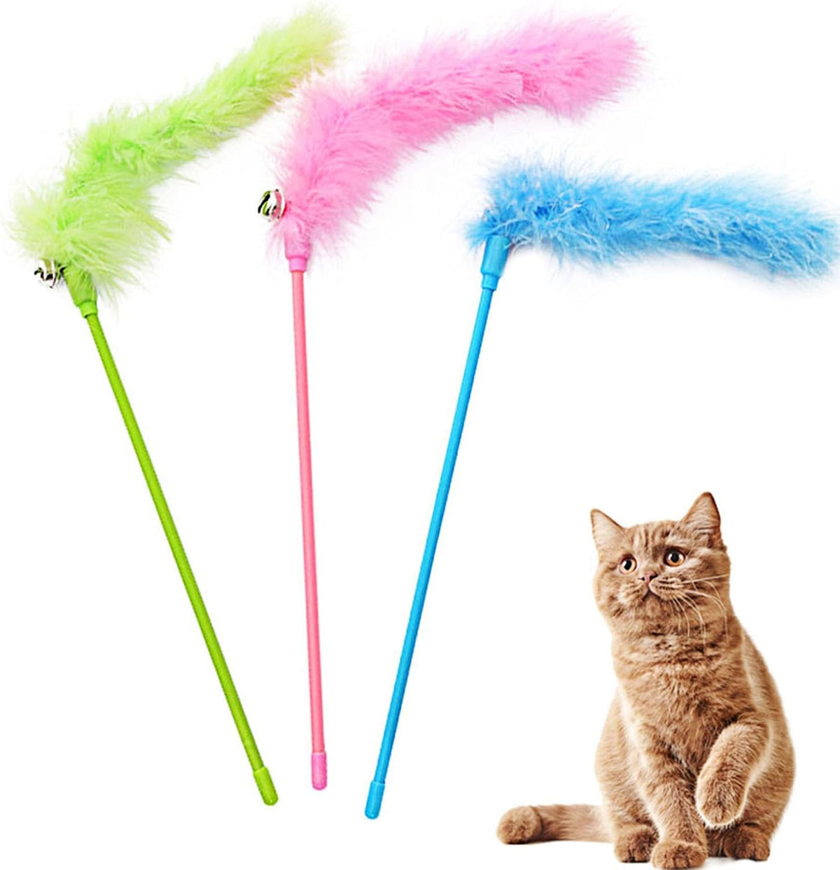 Cat Wand Toys, 3 PCS Interactive Feather Wands Colorful Cat Teaser Wand – Essentials for Cats - A