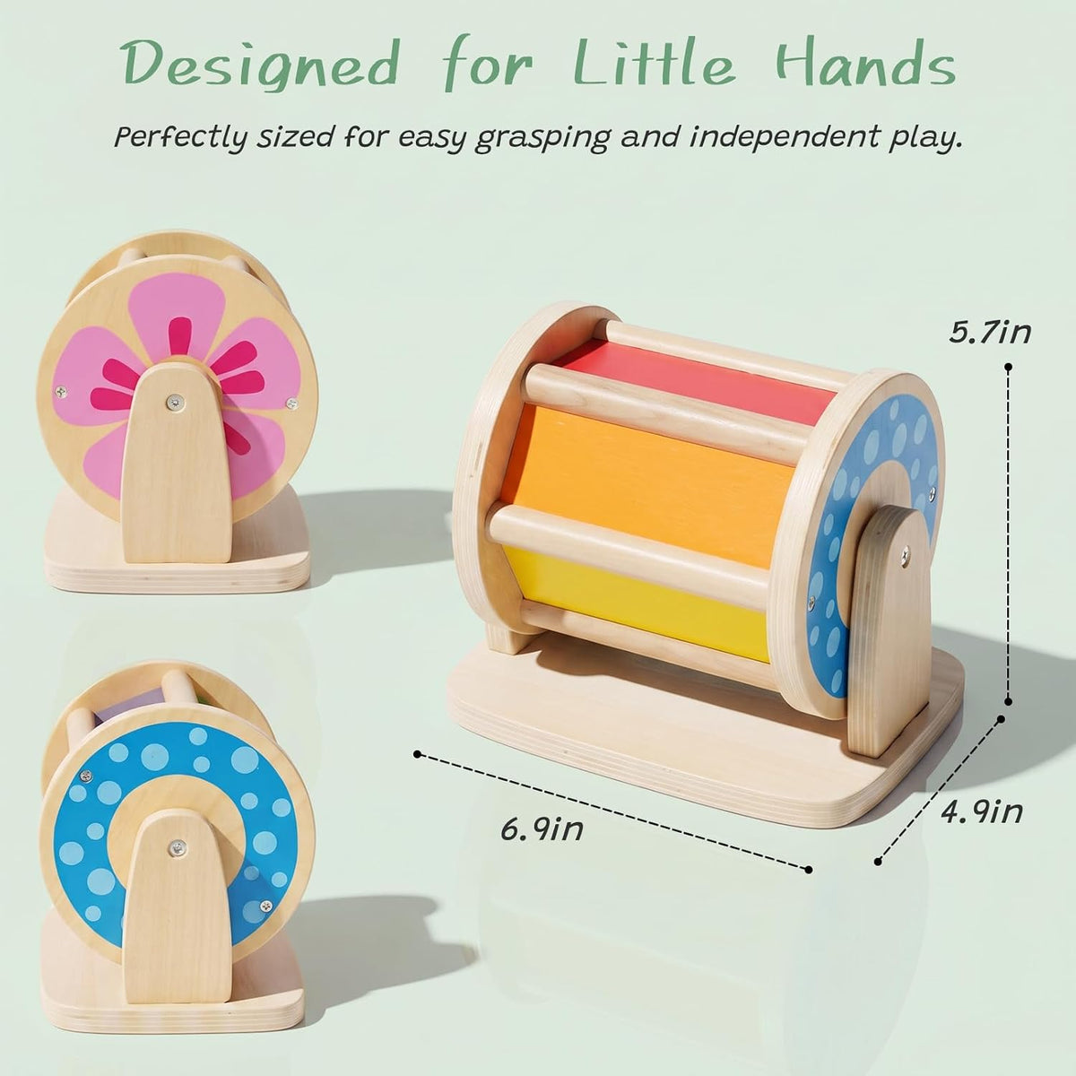 WOODENFUN Montessori spinning drum with rainbow sides and acrylic mirror for tummy time - view 3