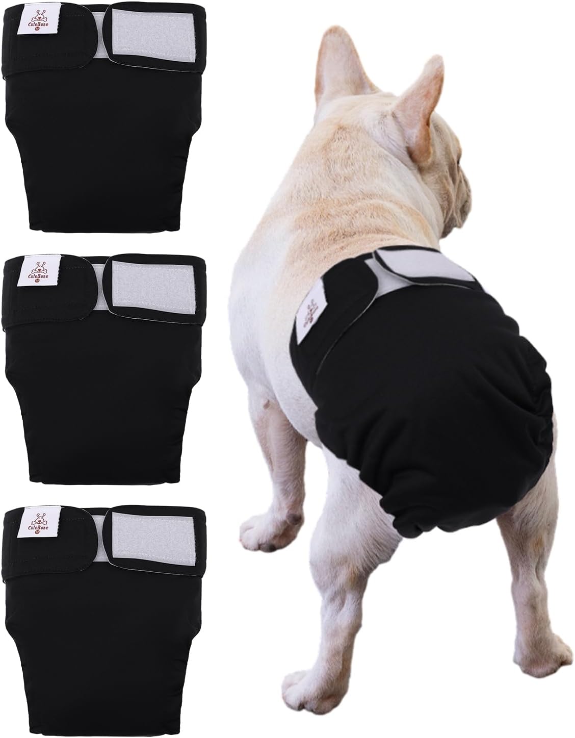 CuteBone Washable Dog Diapers Female No Tail Hole 3 Pack Reusable - For docked-tail, all black 3pcs / L