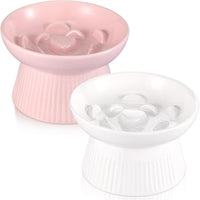 Layhit 2 Pack Raised Slow Feeder Cat Bowls Ceramic Elevated Cat Food - Pink, White