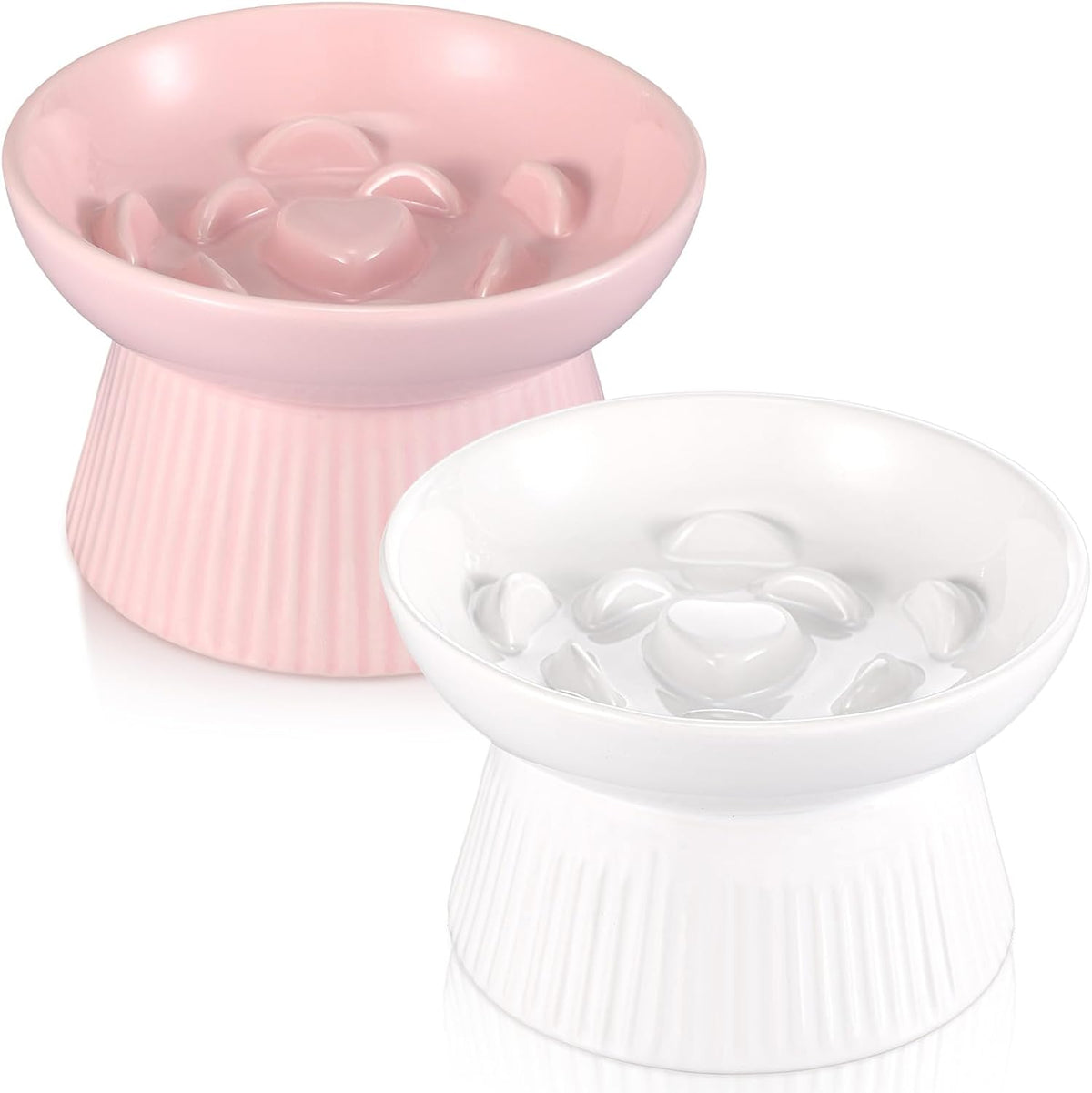 Layhit 2 Pack Raised Slow Feeder Cat Bowls Ceramic Elevated Cat Food - Pink, White