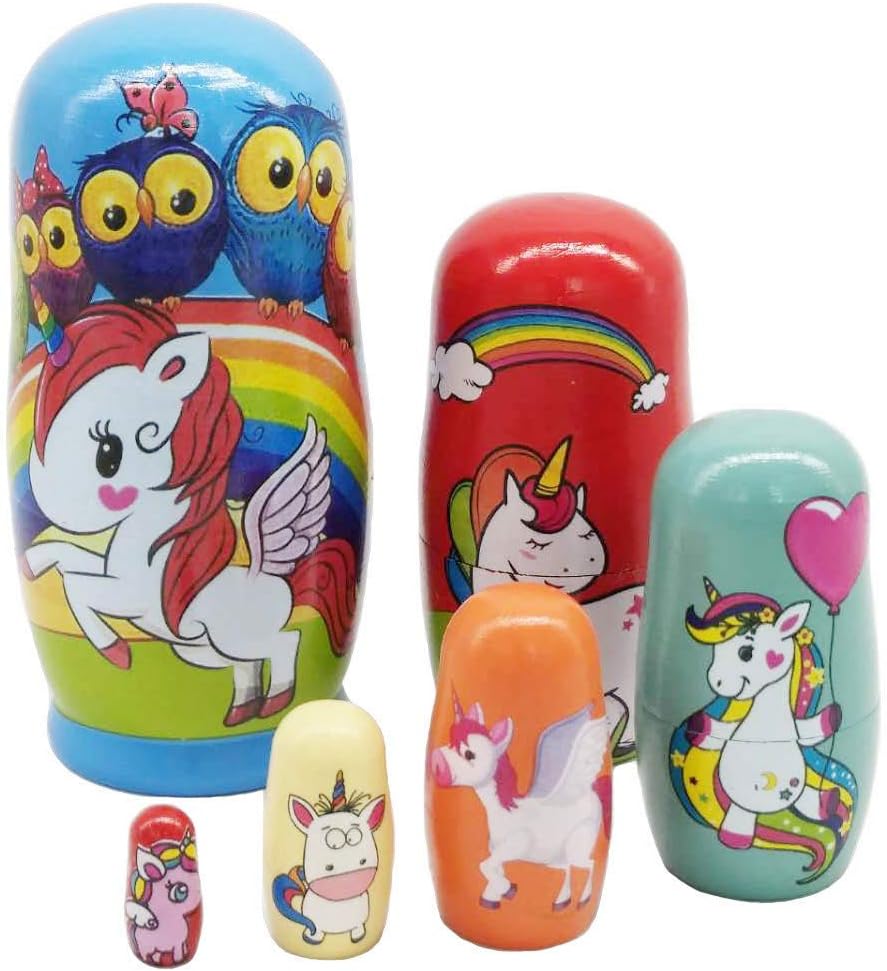 Konrisa set of six hand painted wooden unicorn nesting dolls - view 4