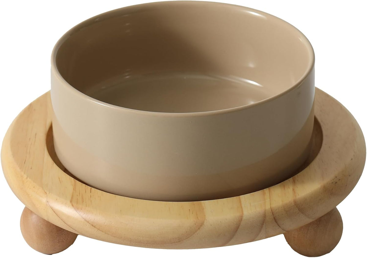 Cat Bowls Set of Two, 5.1” Ceramic Cat Food Bowls - Greige / Bowl+Tray - 6.1"