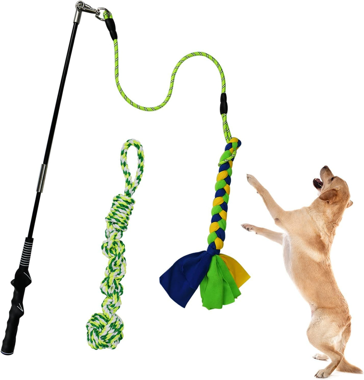 Flirt Pole for Dogs, Interactive Dog Toys Teaser Wand Play Pole with Fleece Rope Lure Chewing Toy - green