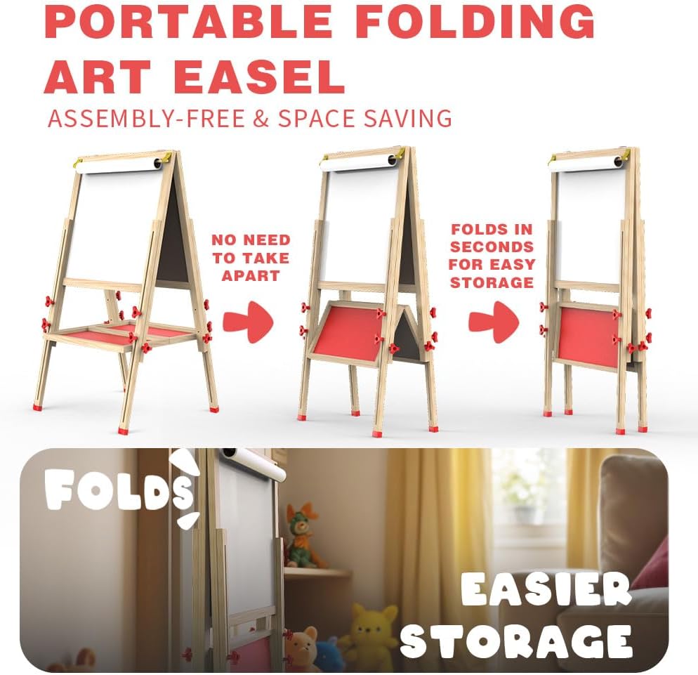 Joyooss Art Easel for Kids Easel for Toddler with Paper roll – Fun for Kids & Family - Foldable Red - image 2