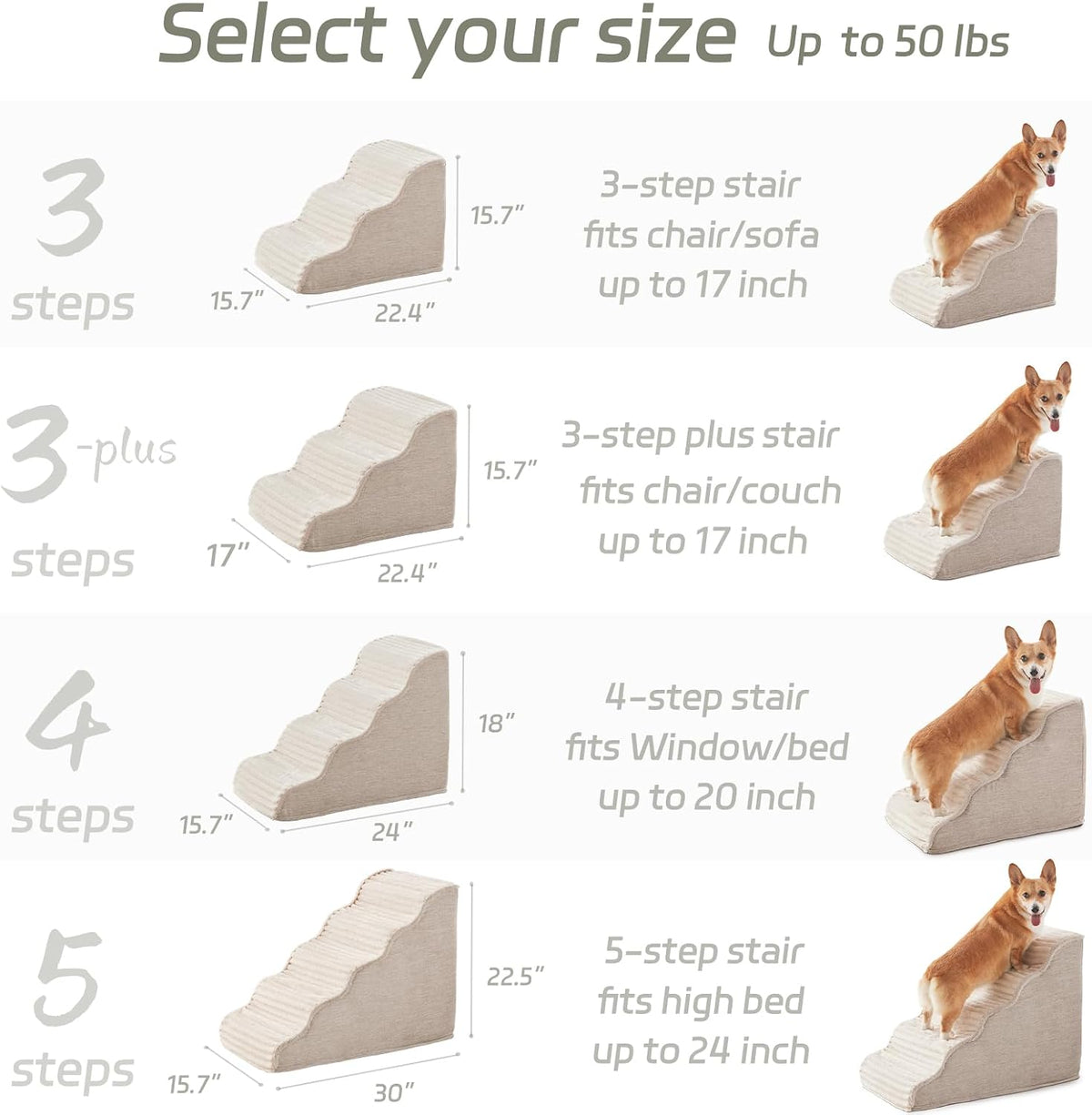 Dog Stairs for Small Dogs 15.7'' H, 3-Step High Density Foam – Essentials for Dogs - Beige / 3 / Standard 3 Step-15.7"H - image 2