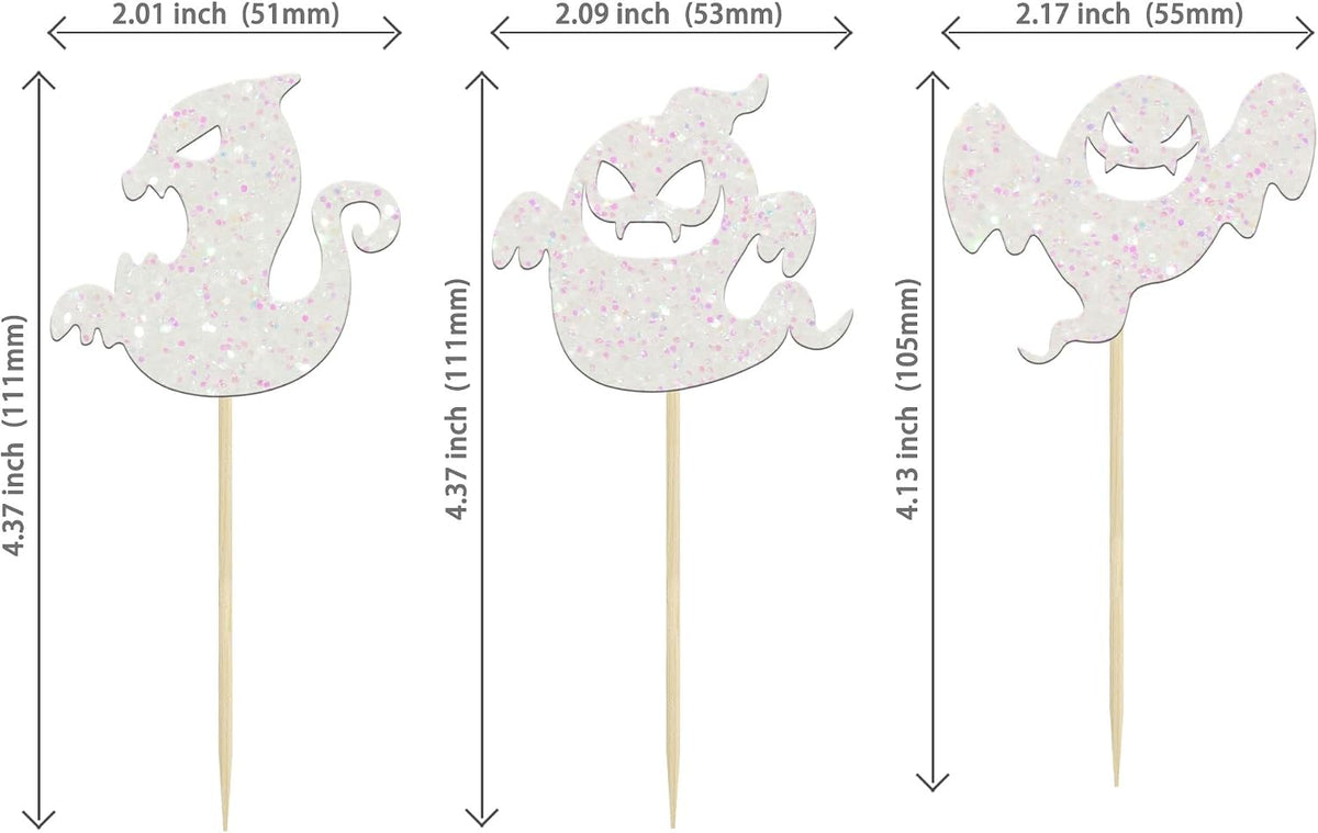 Ephlyn 24 white glitter ghost cupcake toppers for Halloween desserts - view 23
