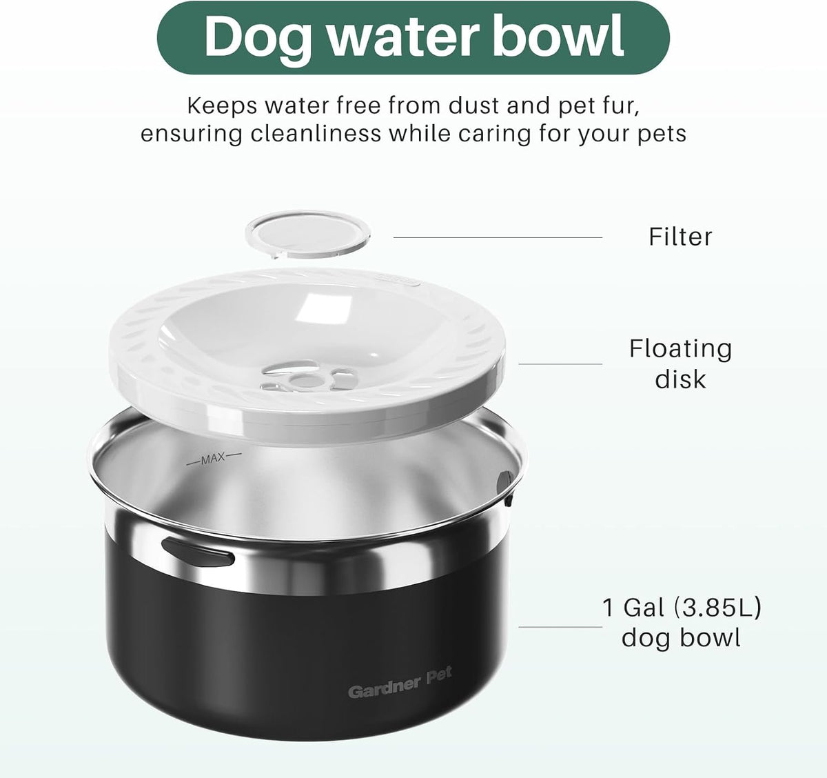 Gardner Pet Dog Bowls 1 Gallon Stainless Steel Dog Water Bowl – Essentials for Dogs - Black / Large (3.85L) - image 3