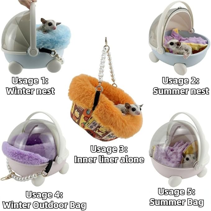 Sugar Glider Carrier Cage with Warm Nest, Cushion, Mat and Safe Lock, Portable Cages with Chain, Small Animals Travel Carrier Plastic Breathable Outgoing Box for Hamsters (White)