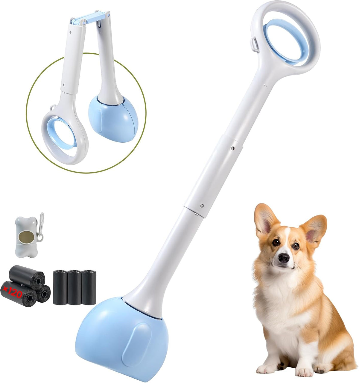 Dog Pooper Scooper Portable with Bag Attachment - 28in + Blue + 120 garbage bags + dispenser