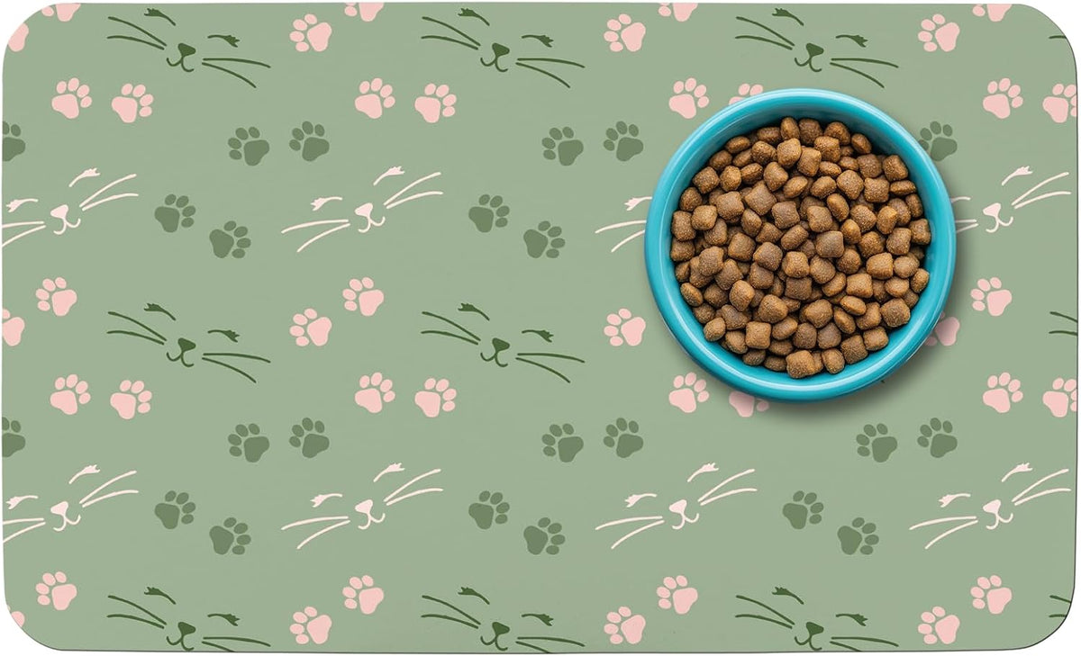 Patterned Cat & Dog Bowl Mat for Food and Water - Small (12" x 20") / Light Green-catpaw