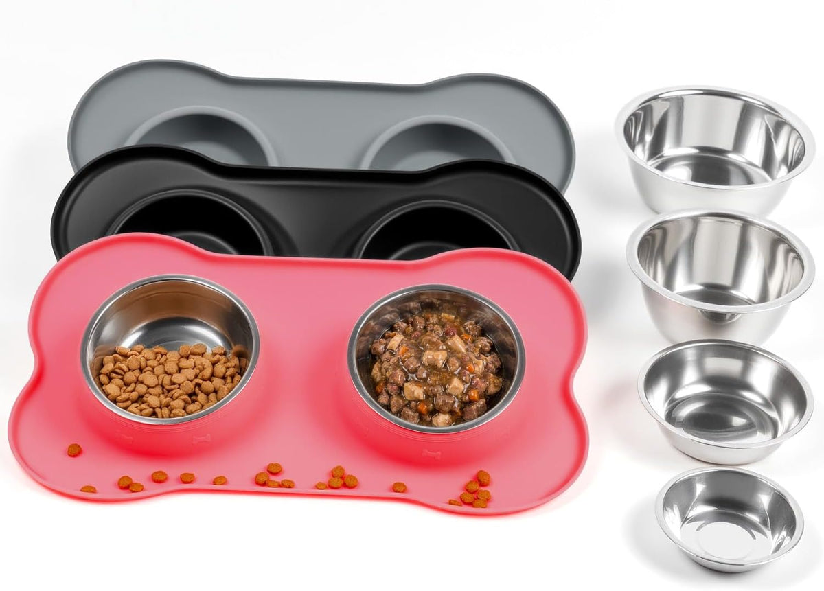 Conlun Dog Bowls with Silicone Mat, No Spill Stainless Set, XS - Medium-29oz / Pink