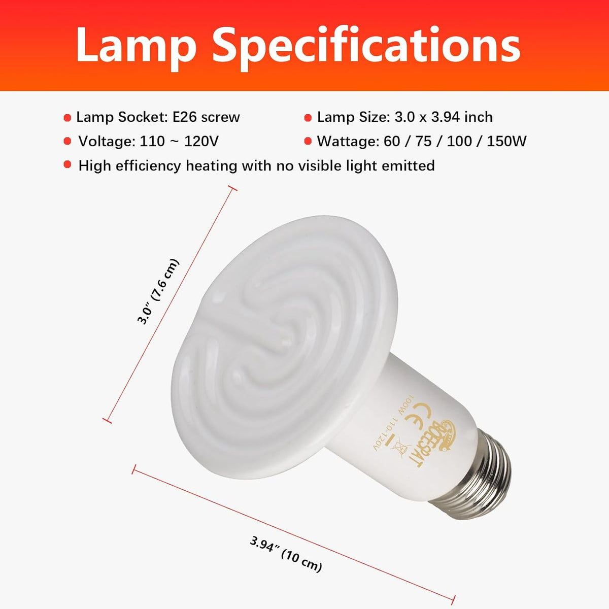 150W Reptile Heat Lamp, Pack of 2 Ceramic Heat Emitters for Reptile Geckos, Lizard, Iguana, Bearded - 100 Watts / 2pcs/White - image 2