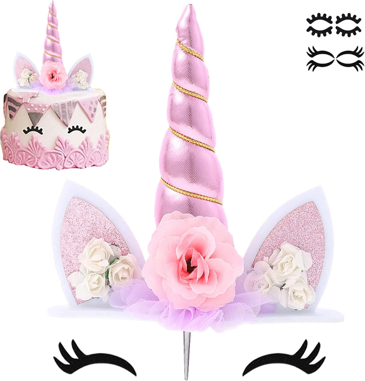 Zkptops pink unicorn cake topper set with 5.8 inch horn, ears, flowers and eyelashes