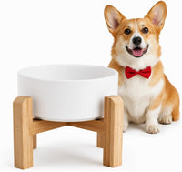 Elevated/Raised Ceramic Dog Bowl with Bamboo Stand，6 Inch 3.6 Cups - White / Medium