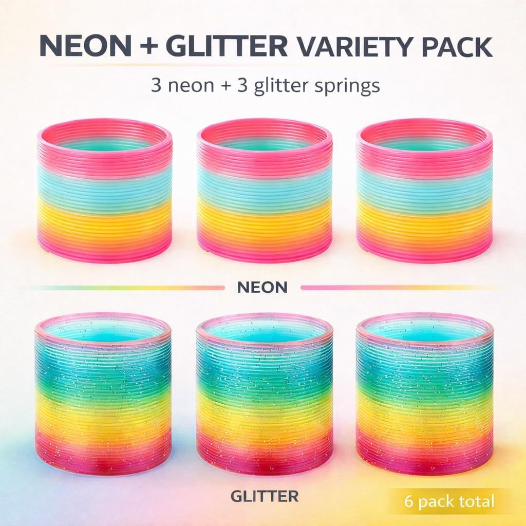 Liberty Imports 6 pack of large 4 inch rainbow coil spring toys in neon and glitter colors - view 3