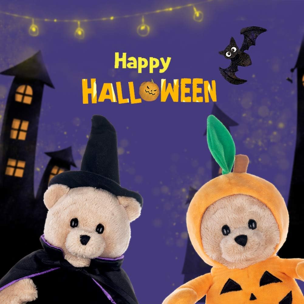 My OLi 9 inch Halloween plush bears 2 pack in pumpkin and wizard costumes with flip-top hats - view 7