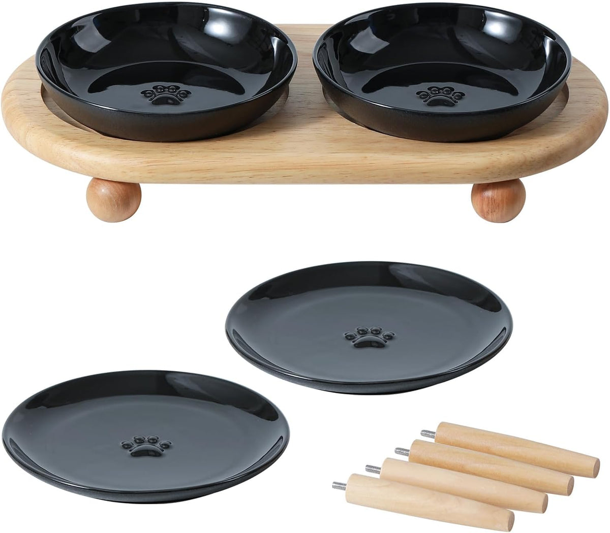 Elevated Cat Bowls, Cat Food and Water Bowl Set - Black / 2 Bowls+2 Dishes