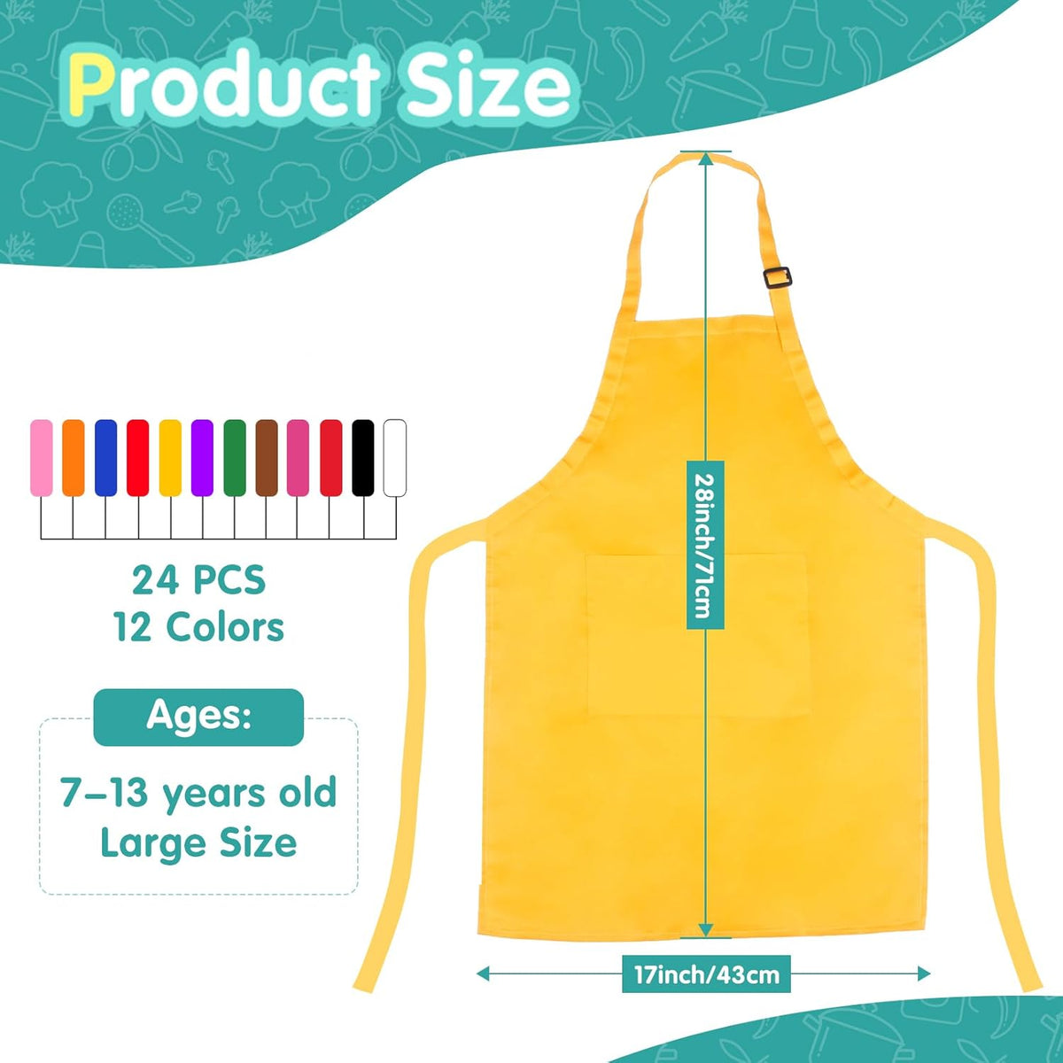 Ecoofor kids aprons set, 24 chef aprons in 12 bright colors with two front pockets - view 3