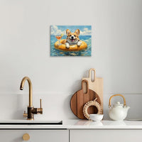 Ocean Funny Corgi Dog Pictures Wall Art, Bathroom Cute Dog Wall Decor Sea Coastal Framed Painting Beach Canvas Artwork for Bathroom Bedroom Living Room Decorations 20"L x 16"W