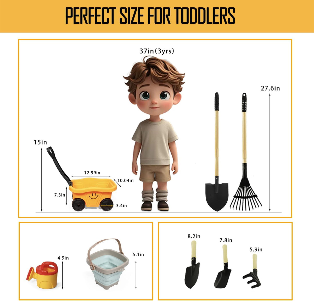 7PCS Kids Gardening Tools, Long Shovel, Rake for Leaves, Spade - Multicolor - image 2