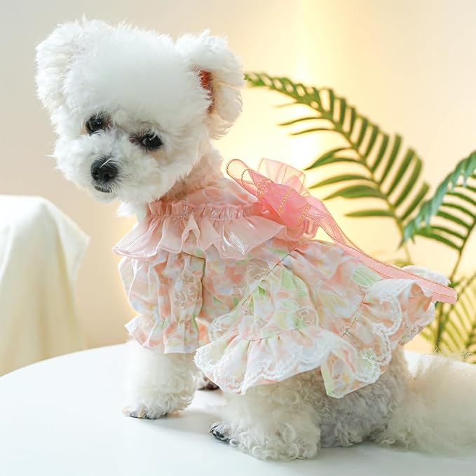 Pink Dog Dress for Small Dog Girl Spring Puppy Clothes with Bow Puff Sleeves Cat Outfit Doggy Princess with Leash Ring Doggies Harness Dress Summer Pet Apparel (Pink, X-Large)