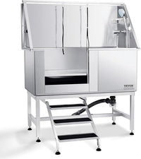 VEVOR 50" Pet Dog Bathing Station w/Stairs, Professional Stainless Steel Dog Grooming Tub w/Soap Box, Faucet,Rich Accessory, Dog Bathtub for Large,Medium,Small Pets, Washing Sink for Home Left