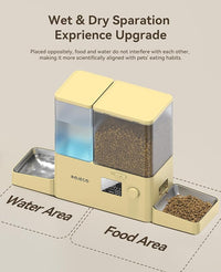 Rojeco 36Cups/8.5L Pet Automatic Cat Feeder and Gravity Water Dispenser,Stainless Steel Bowls 2-in-1 Set Large Capacity 5L Food Feeder and 3.5L Water Fountain for Cats,Pets,Small Dogs,Yellow