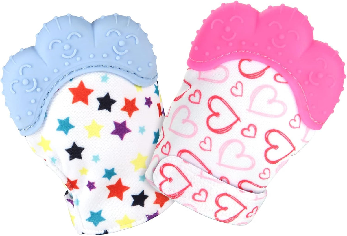 2Pack Silicone Teething Mitt - Blue Dots & Pink Hearts