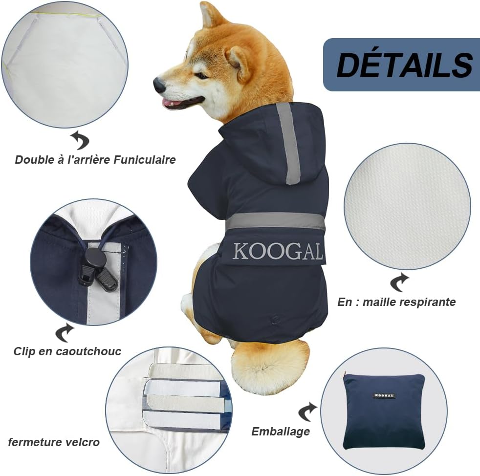 Dog Raincoat Waterproof Hooded, Medium Dogs - Navy Blue / 3XL-Fit for 33 to 44 pounds - image 3