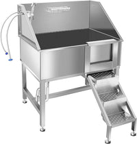 38" Pet Dog Bathing Station W/Ramp, Professional Stainless Steel Dog Grooming Tub W/Floor Grate, Faucet, Dog Bathtub for Large,Medium, Small Pets, Washing Sink for Home,R-RAMP