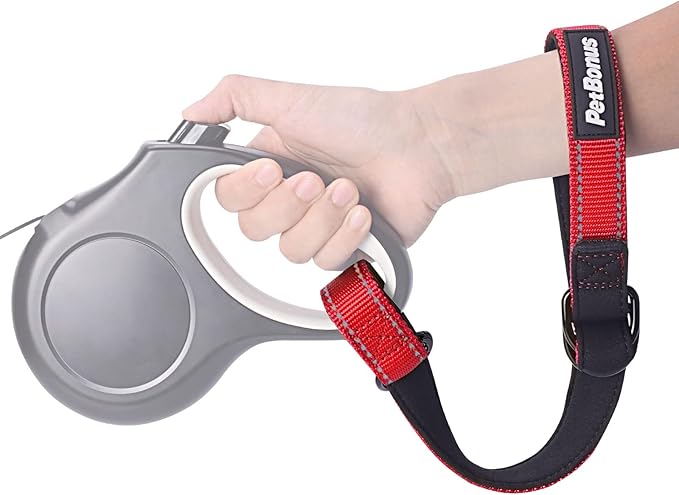 PetBonus Short Dog Leash, Safety Wrist Strap for Retractable Dog Leash, Reflective Design and Adjustable Soft Padded Handle, Extra Layer Security for Pet Stroller (Red) 1 Pack