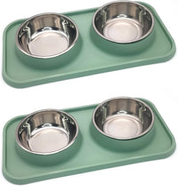 BNOSDM Double Dog Food Bowls Stainless Steel Dog Food and Water Bowls - Green【Set of 2】