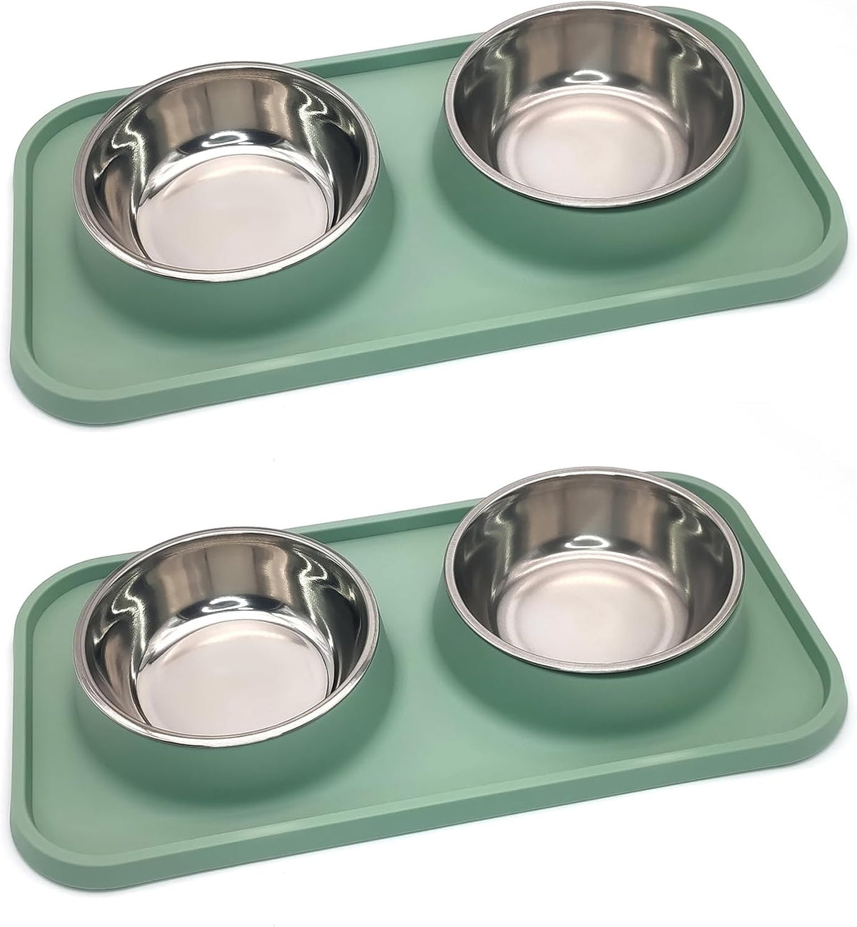 BNOSDM Double Dog Food Bowls Stainless Steel Dog Food and Water Bowls - Green【Set of 2】