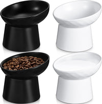 4 Pcs Ceramic Raised Cat Bowls - White and Black