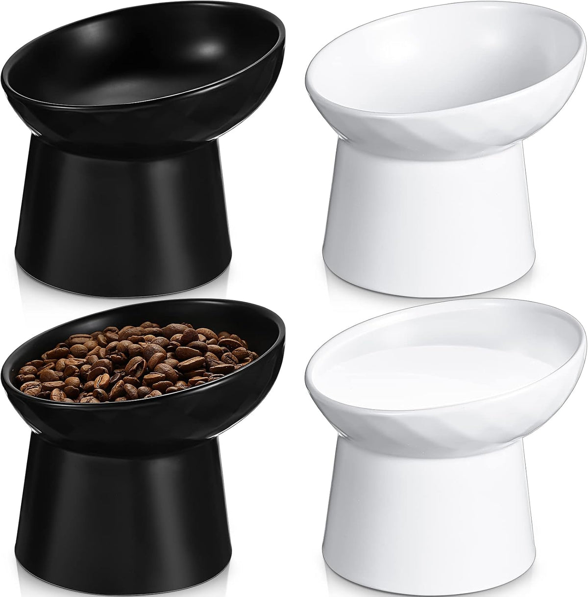 4 Pcs Ceramic Raised Cat Bowls - White and Black
