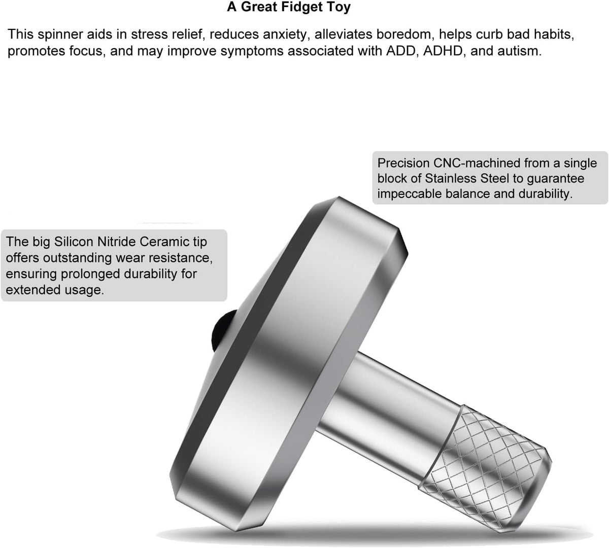 DjuiinoStar CNC machined stainless steel spinning top with ceramic tip and knurled grip - view 9